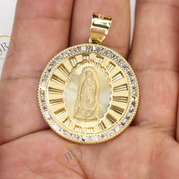 14K Solid Gold Round Virgin Mary Pendant · Guadalupe Medallion with White CZ. - Picture 5 of 8
